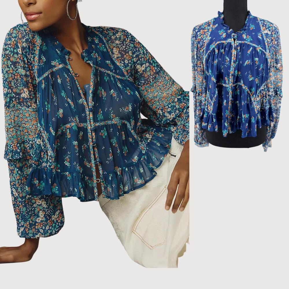 Anthropologie Boho Sheer Floral Babydoll Blouse M